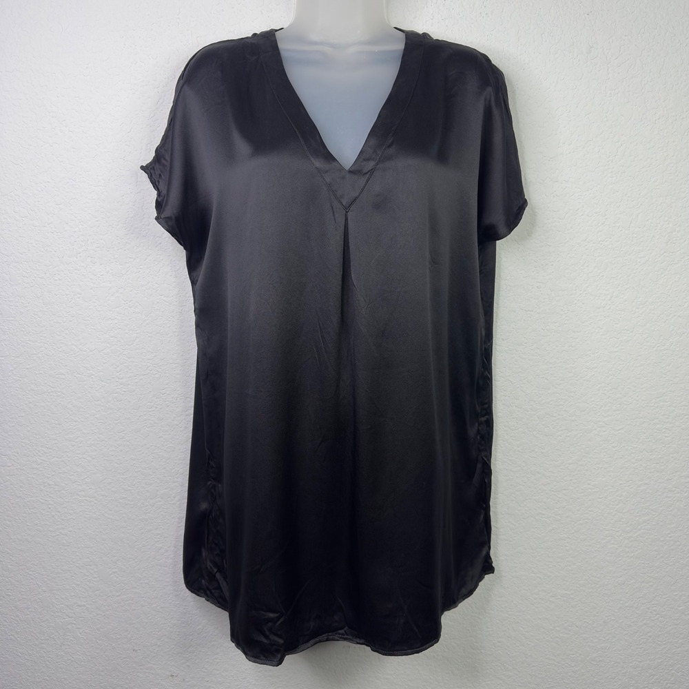 Ginia Silk Shirt Womens AU 14 Black V-Neck Short Sleeve‎ Satin Minimalist Luxury
